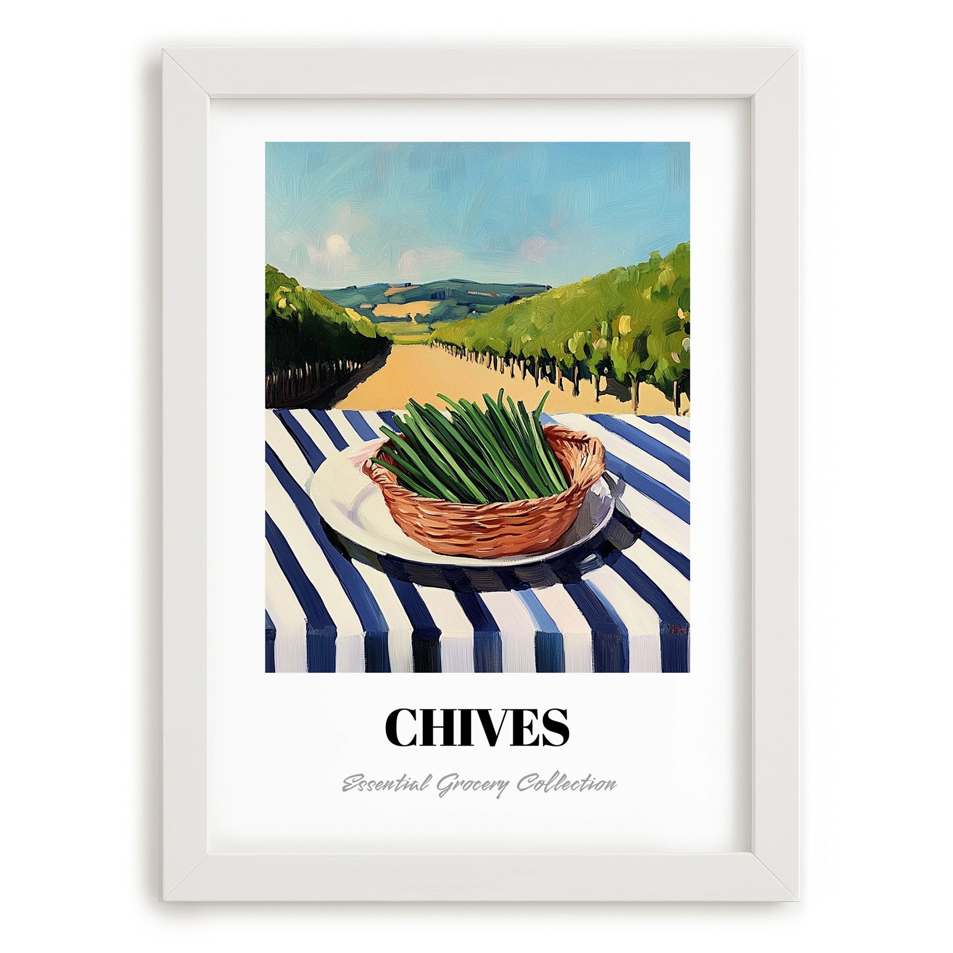 Chives – Valley Café Scene, Fresh Herbs Wall Decor, placed in minimal white frame