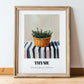 Thyme – on Striped Tablecloth, Fresh Herbs Still Life, in wooden frame leaning on the floor