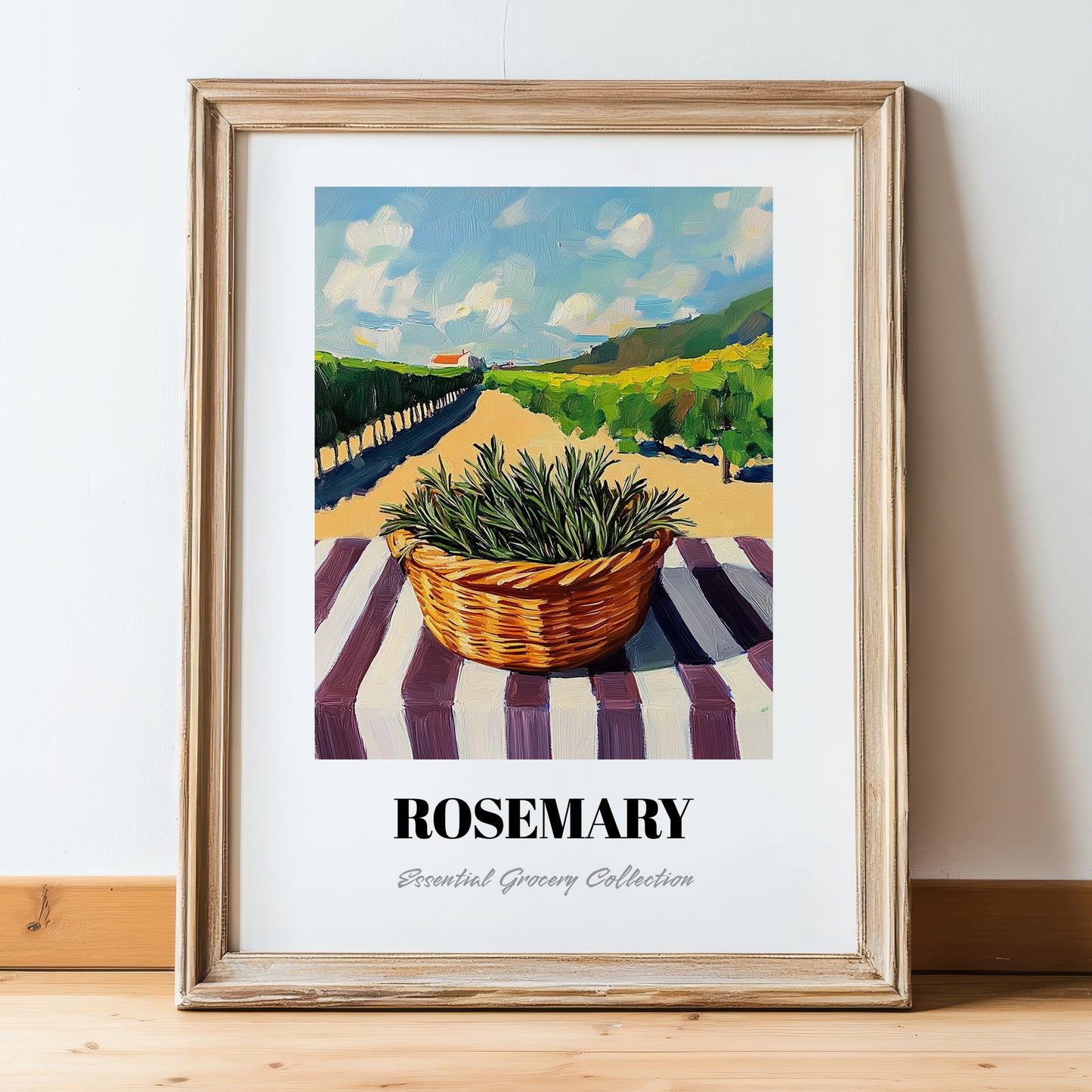 Rosemary – Valley Café Scene, Fresh Herbs Still Life, in wooden frame leaning on the floor