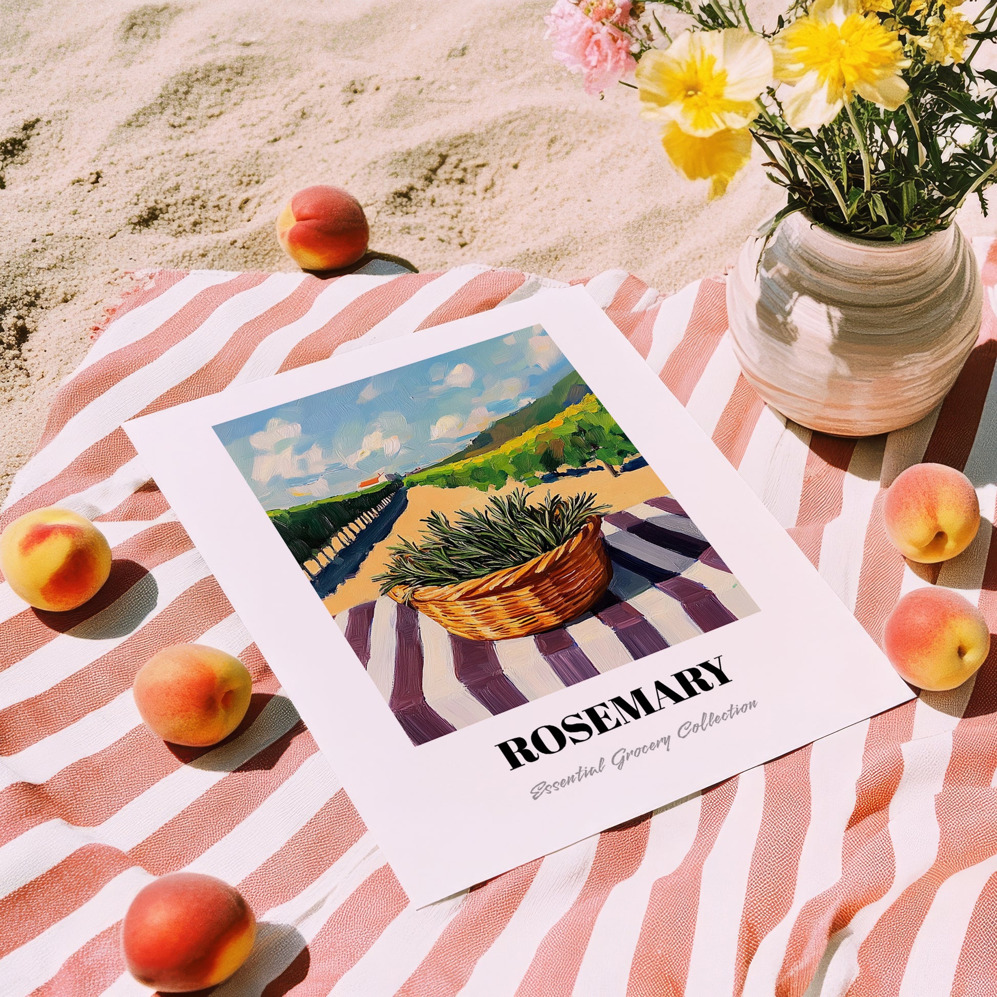 Rosemary – Valley Café Scene, Fresh Herbs Still Life, unframed on coastal sand