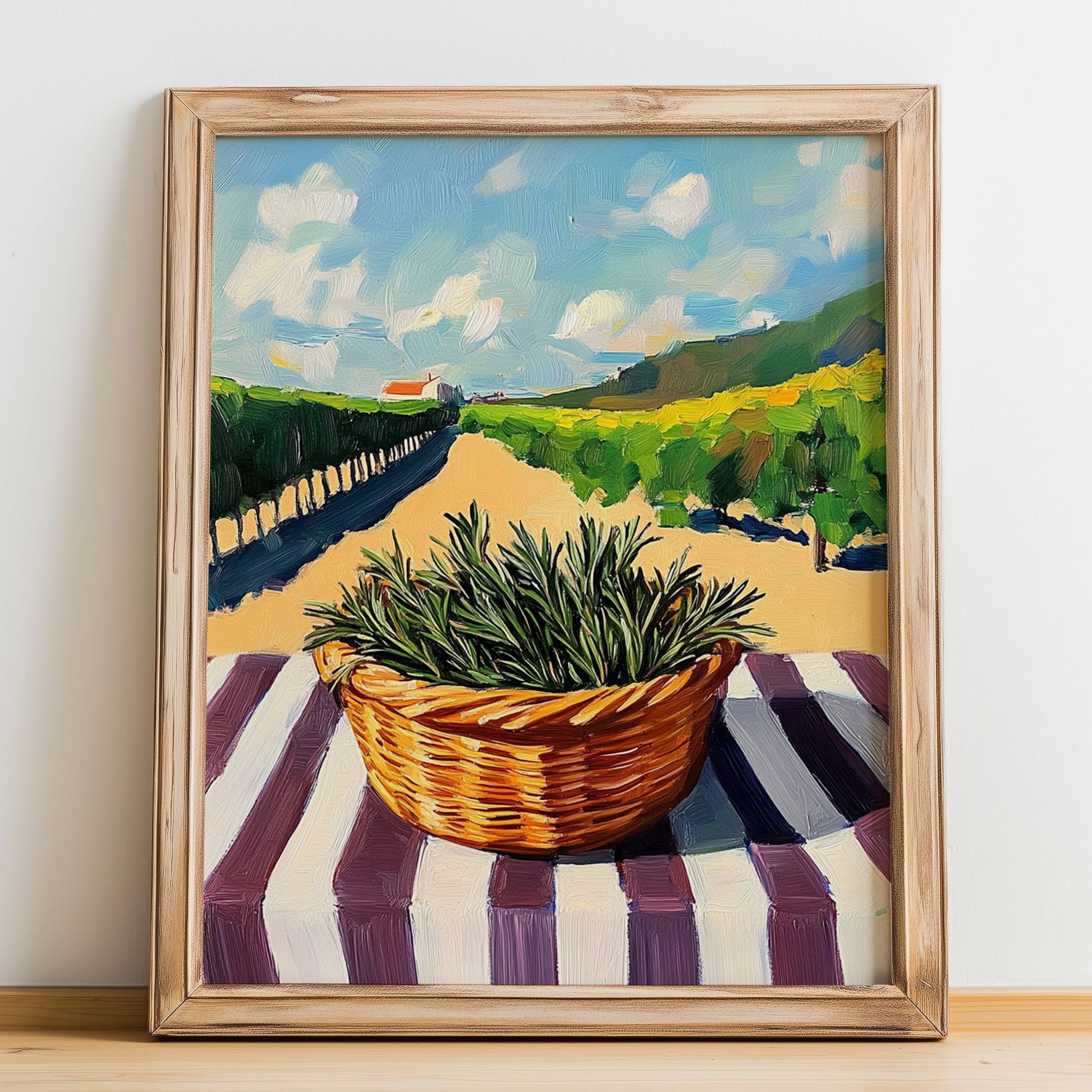 Rosemary – Valley Café Scene, Fresh Herbs Still Life, no-text version framed in wood