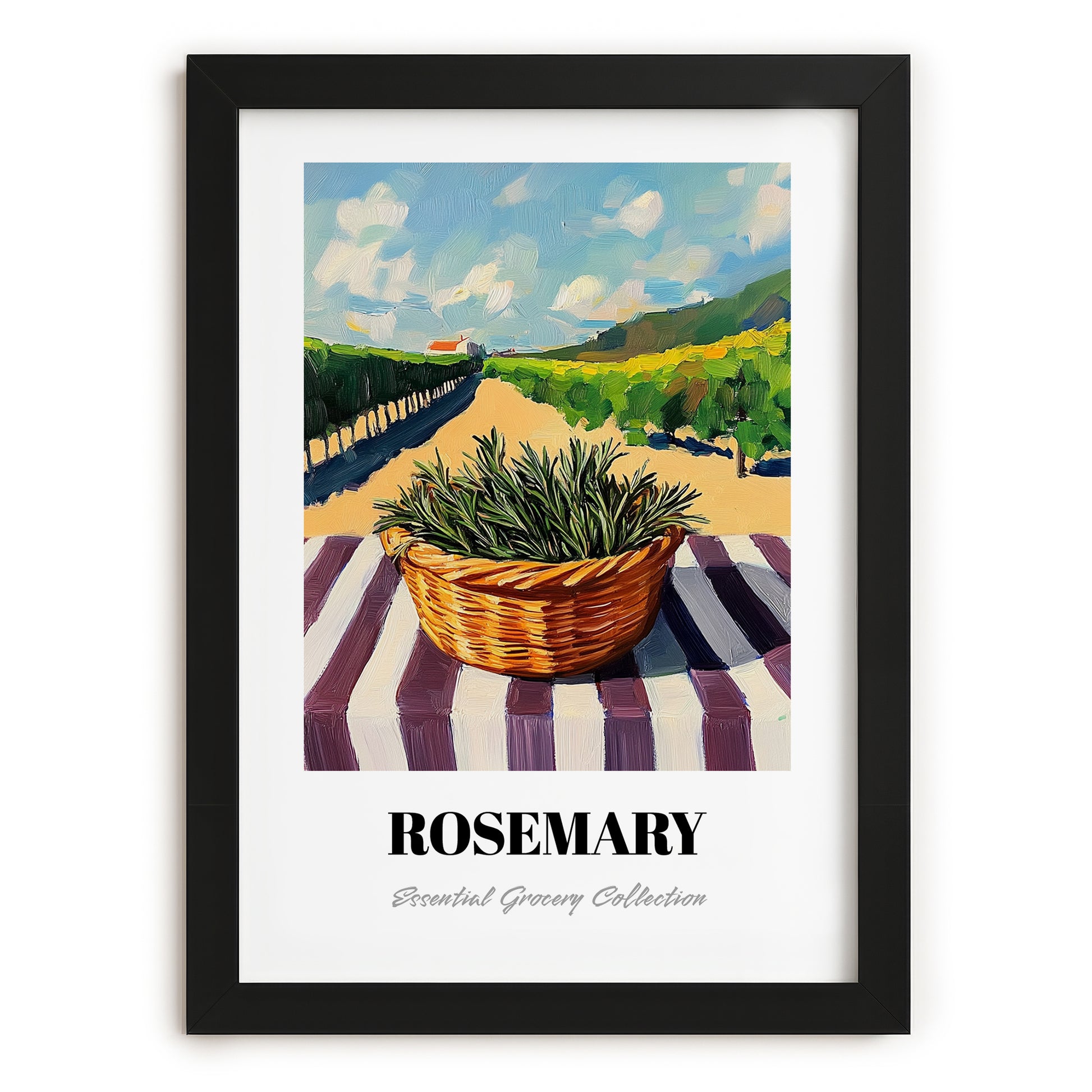 Rosemary – Valley Café Scene, Fresh Herbs Still Life, in sleek black frame