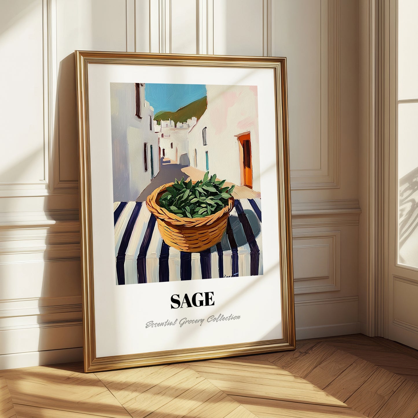 Sage – White village Street Café Scene, Fresh Herbs Illustration