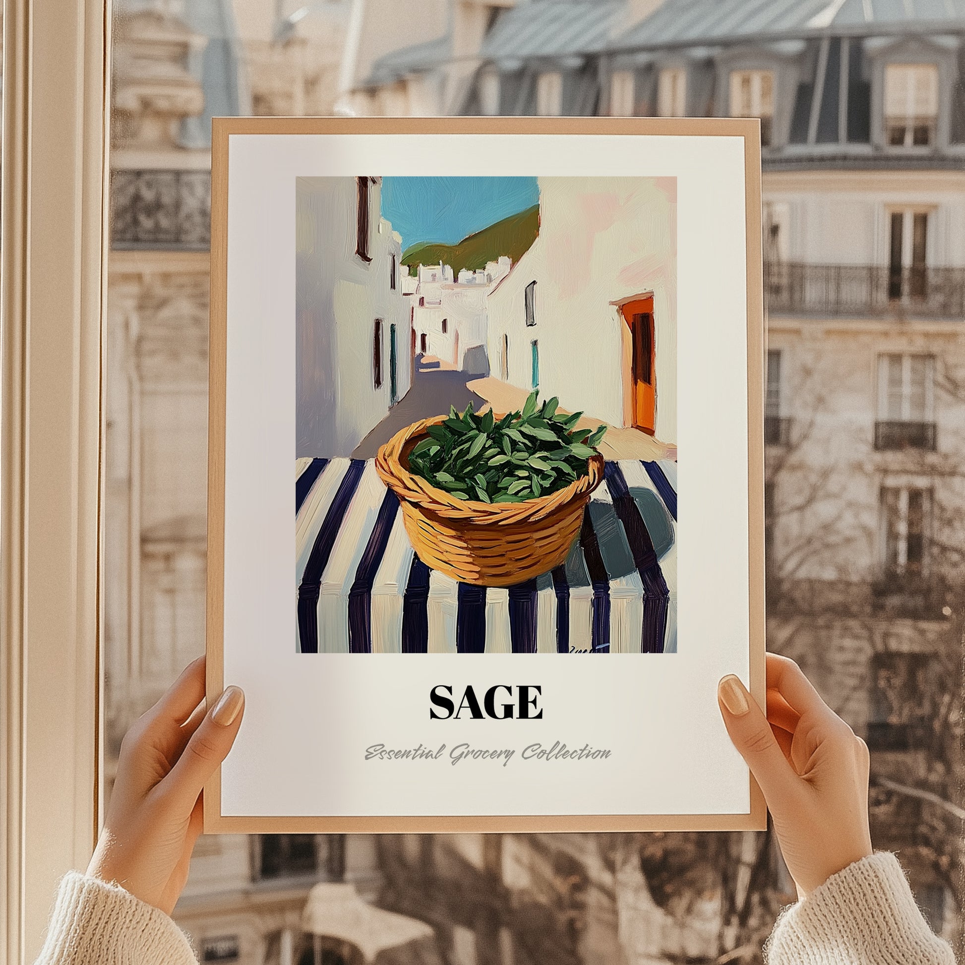Sage – White village Street Café Scene, Fresh Herbs Illustration, styled in a charming Paris street view