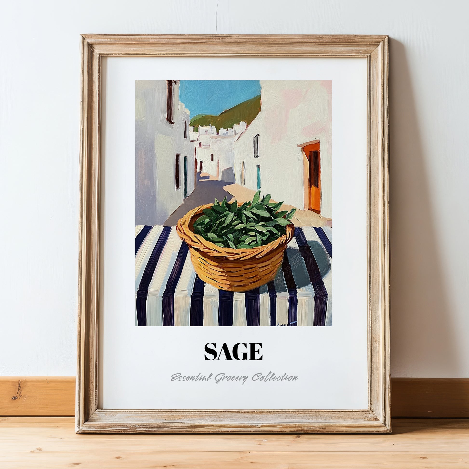 Sage – White village Street Café Scene, Fresh Herbs Illustration, in wooden frame leaning on the floor