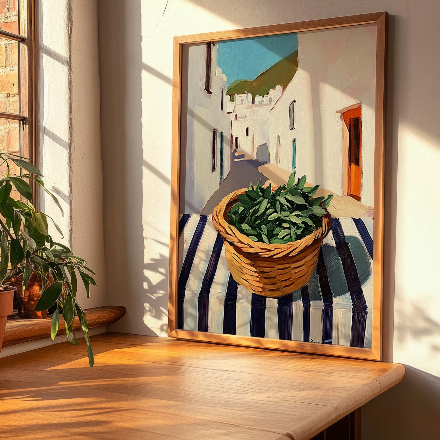 Sage – White village Street Café Scene, Fresh Herbs Illustration, clean layout with no caption