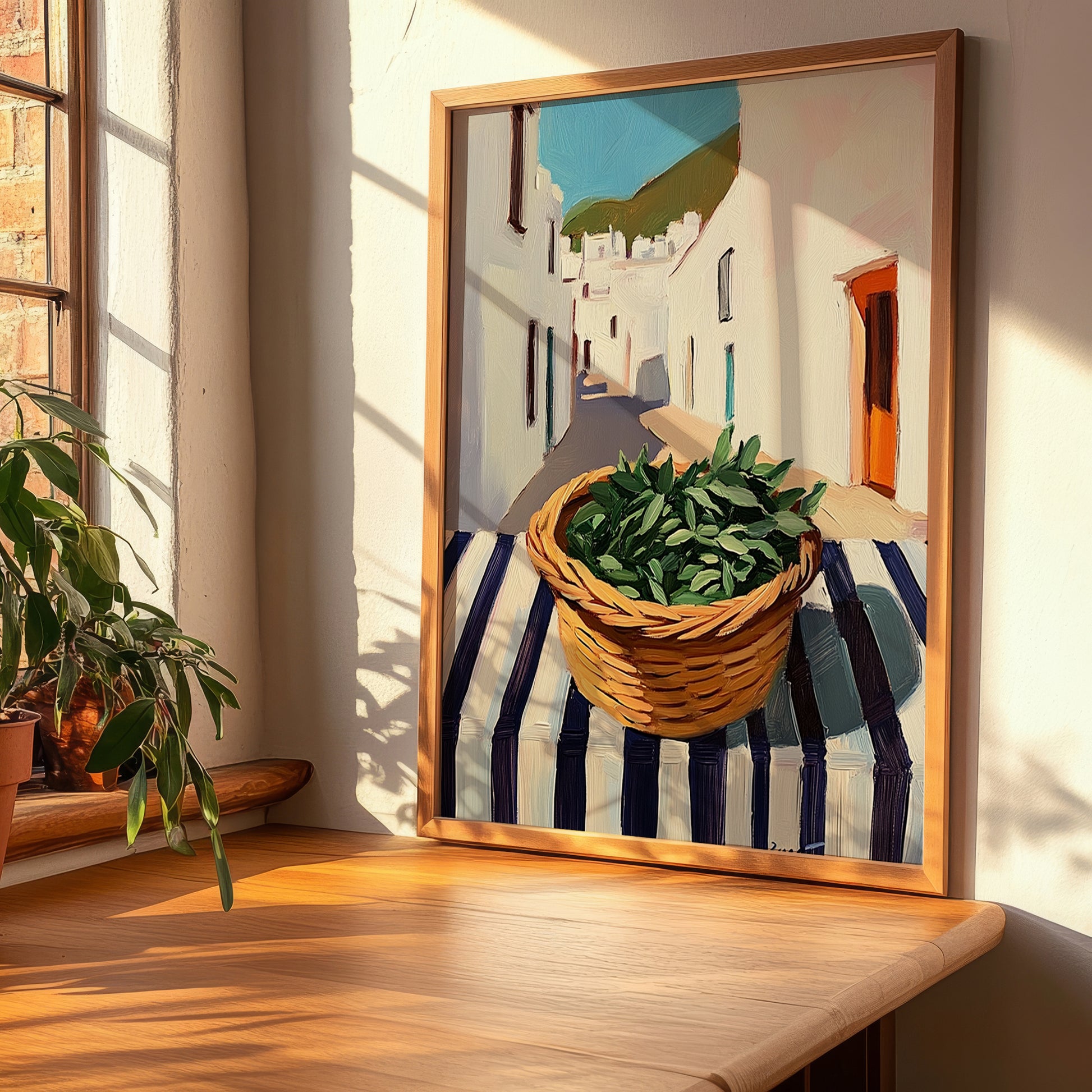 Sage – White village Street Café Scene, Fresh Herbs Illustration, clean layout with no caption