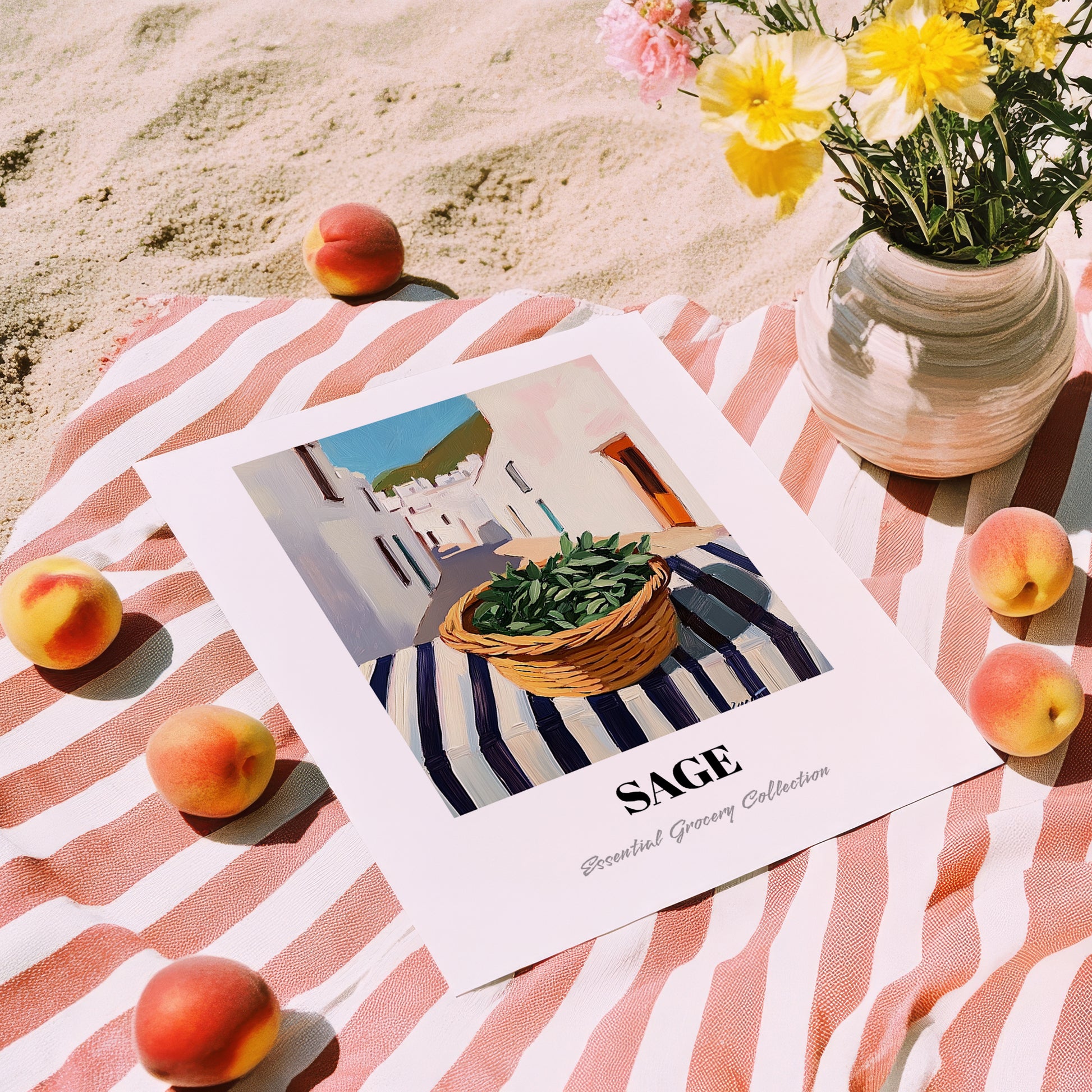 Sage – White village Street Café Scene, Fresh Herbs Illustration, unframed on coastal sand