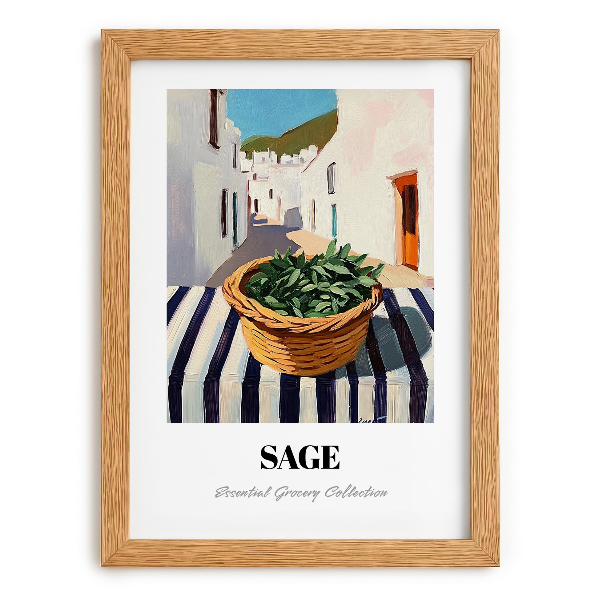 Sage – White village Street Café Scene, Fresh Herbs Illustration, set in oak frame
