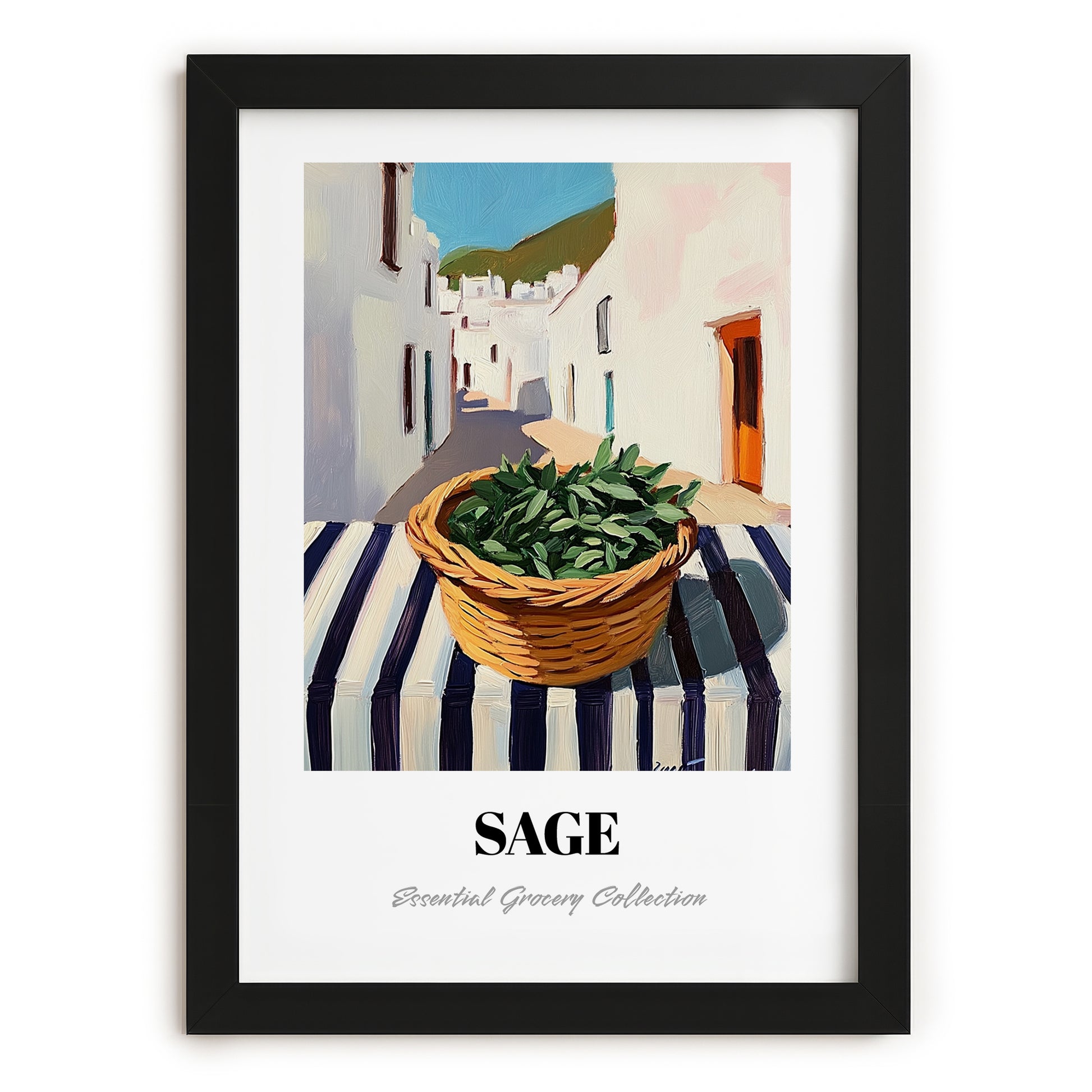 Sage – White village Street Café Scene, Fresh Herbs Illustration, in sleek black frame
