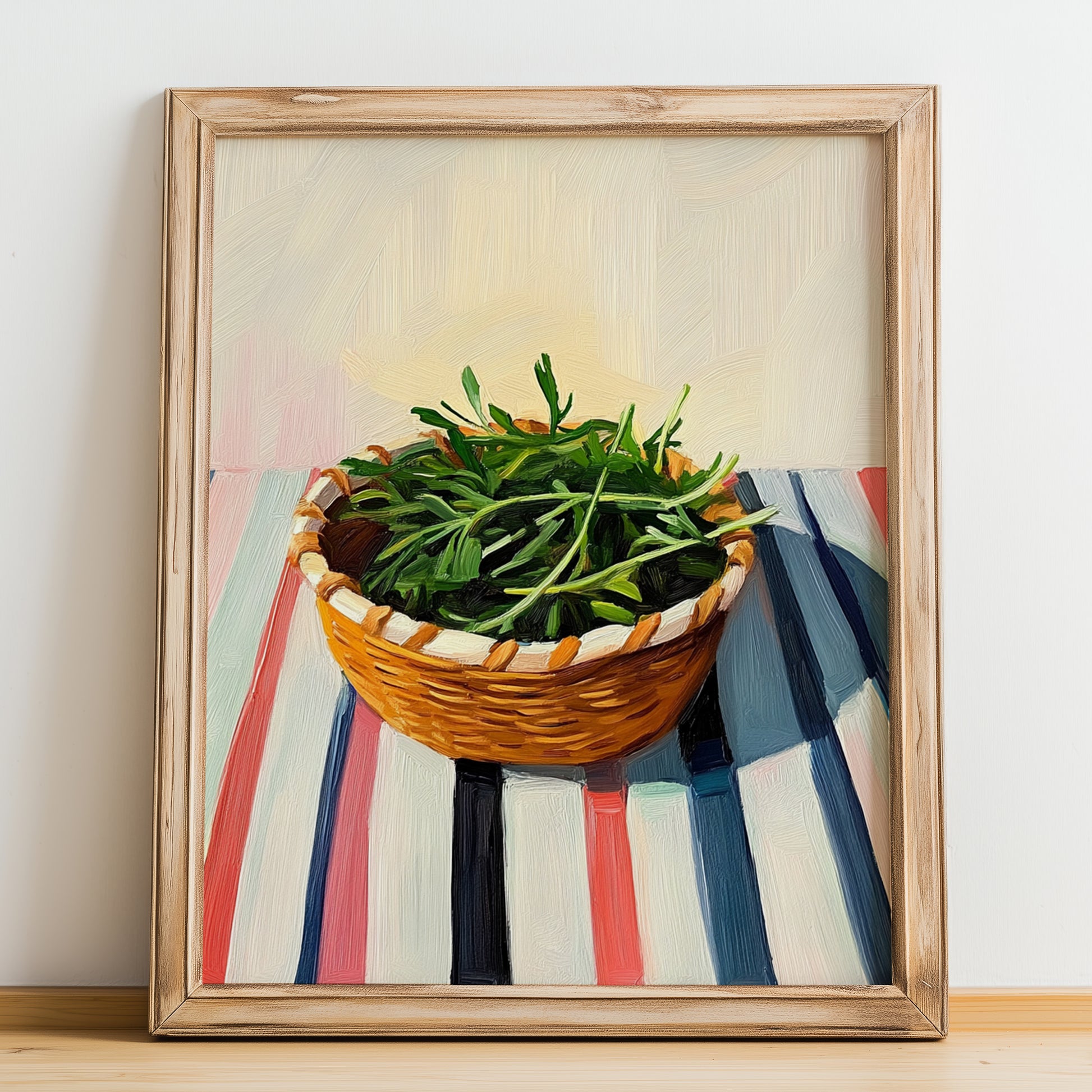 Tarragon – on Striped Tablecloth, Fresh Herbs Still Life, no-text version framed in wood