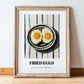Fried Eggs – on Striped Tablecloth, American Food Painting, in wooden frame leaning on the floor