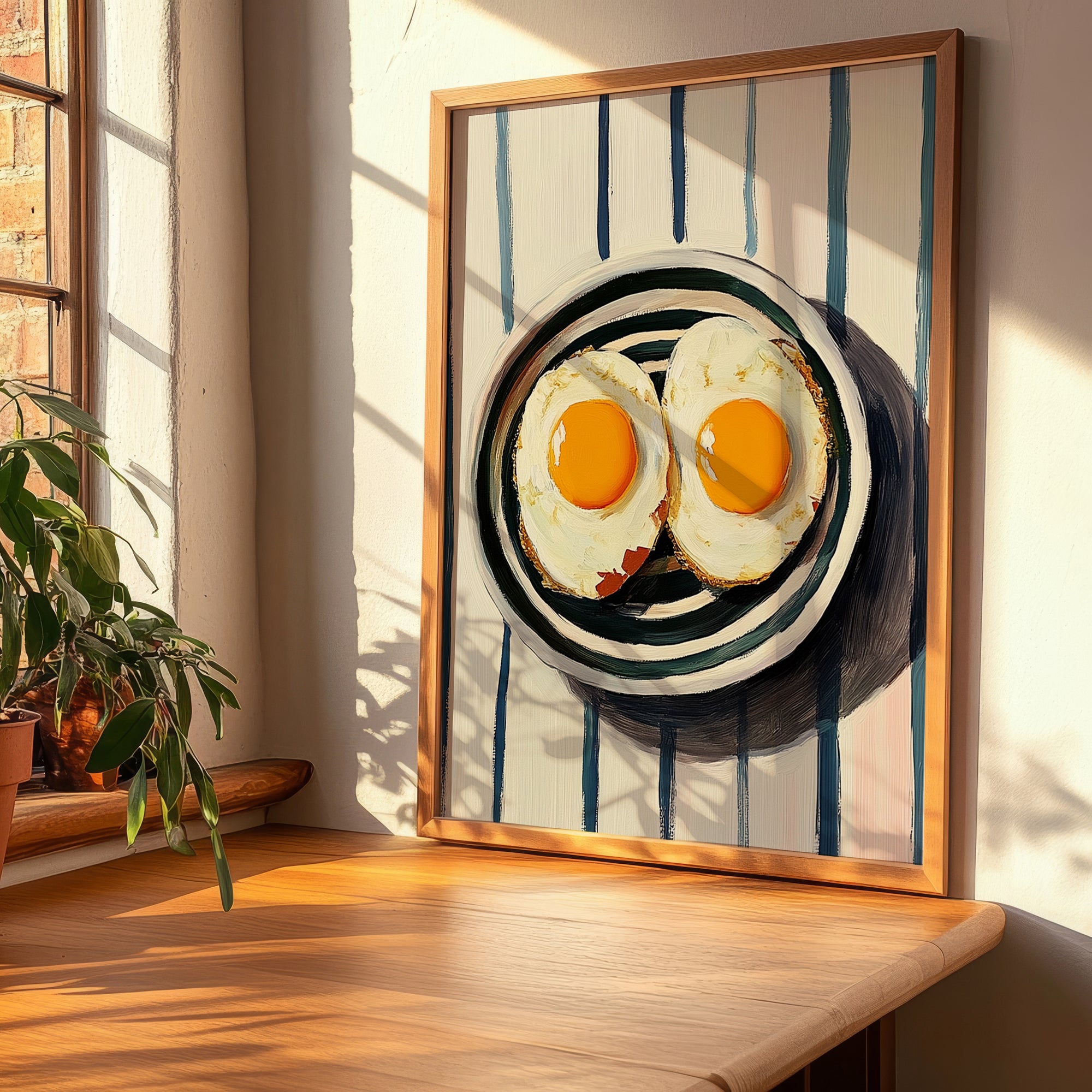 Fried Eggs – on Striped Tablecloth, American Food Painting, clean layout with no caption