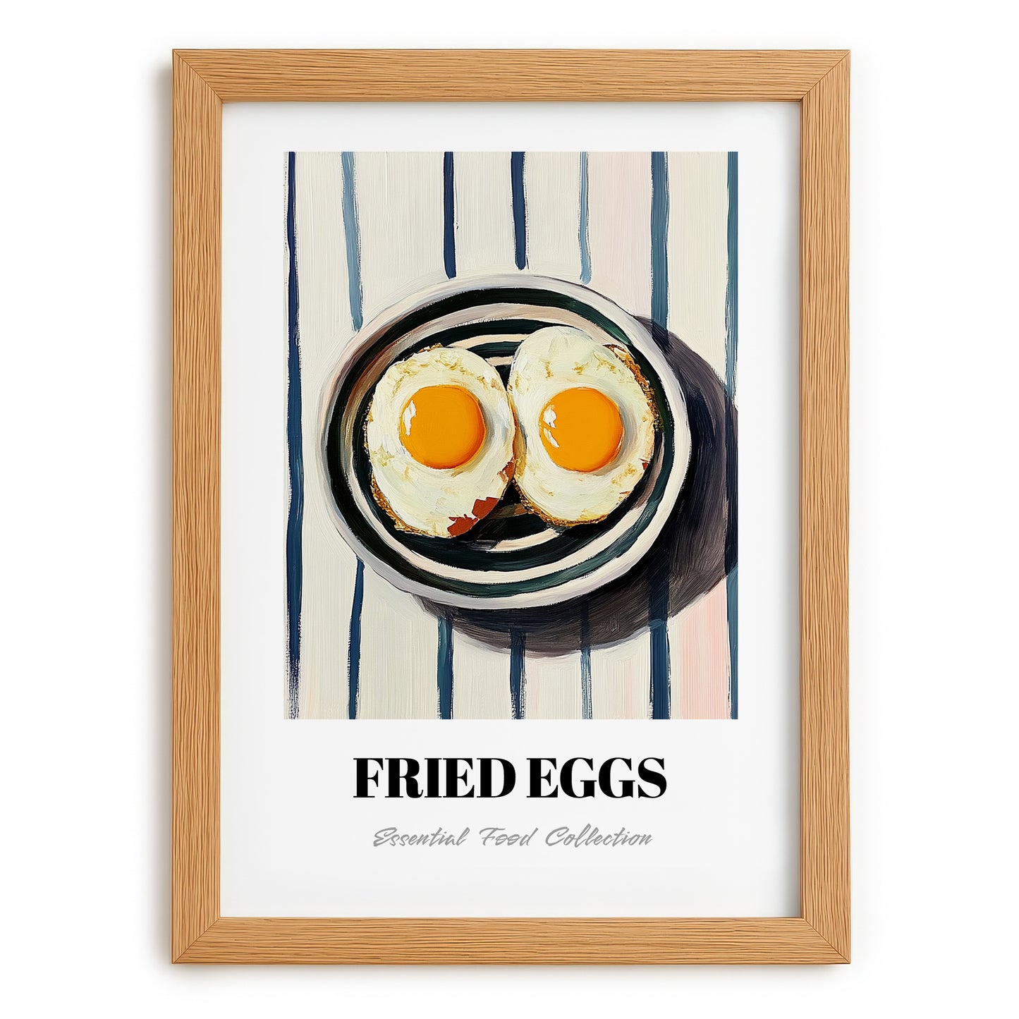 Fried Eggs – on Striped Tablecloth, American Food Painting, set in oak frame