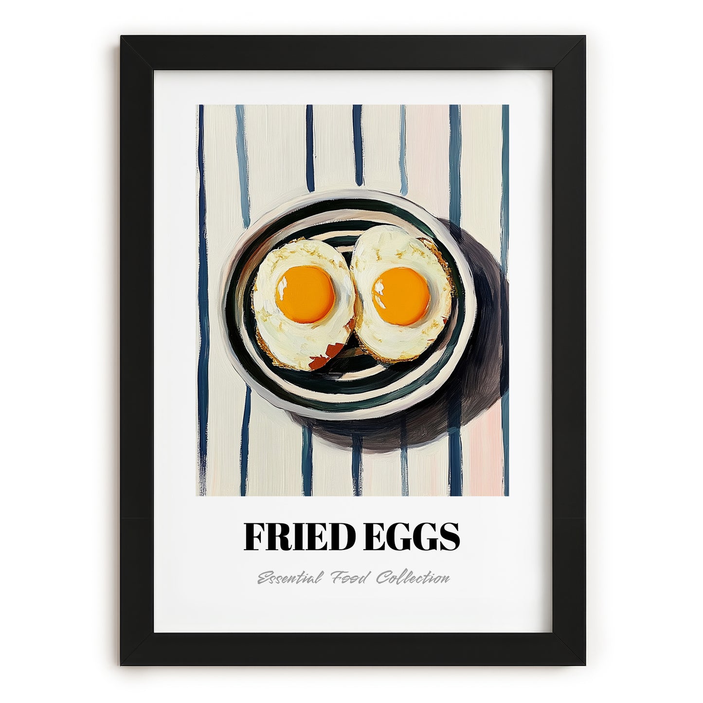 Fried Eggs – on Striped Tablecloth, American Food Painting, in sleek black frame