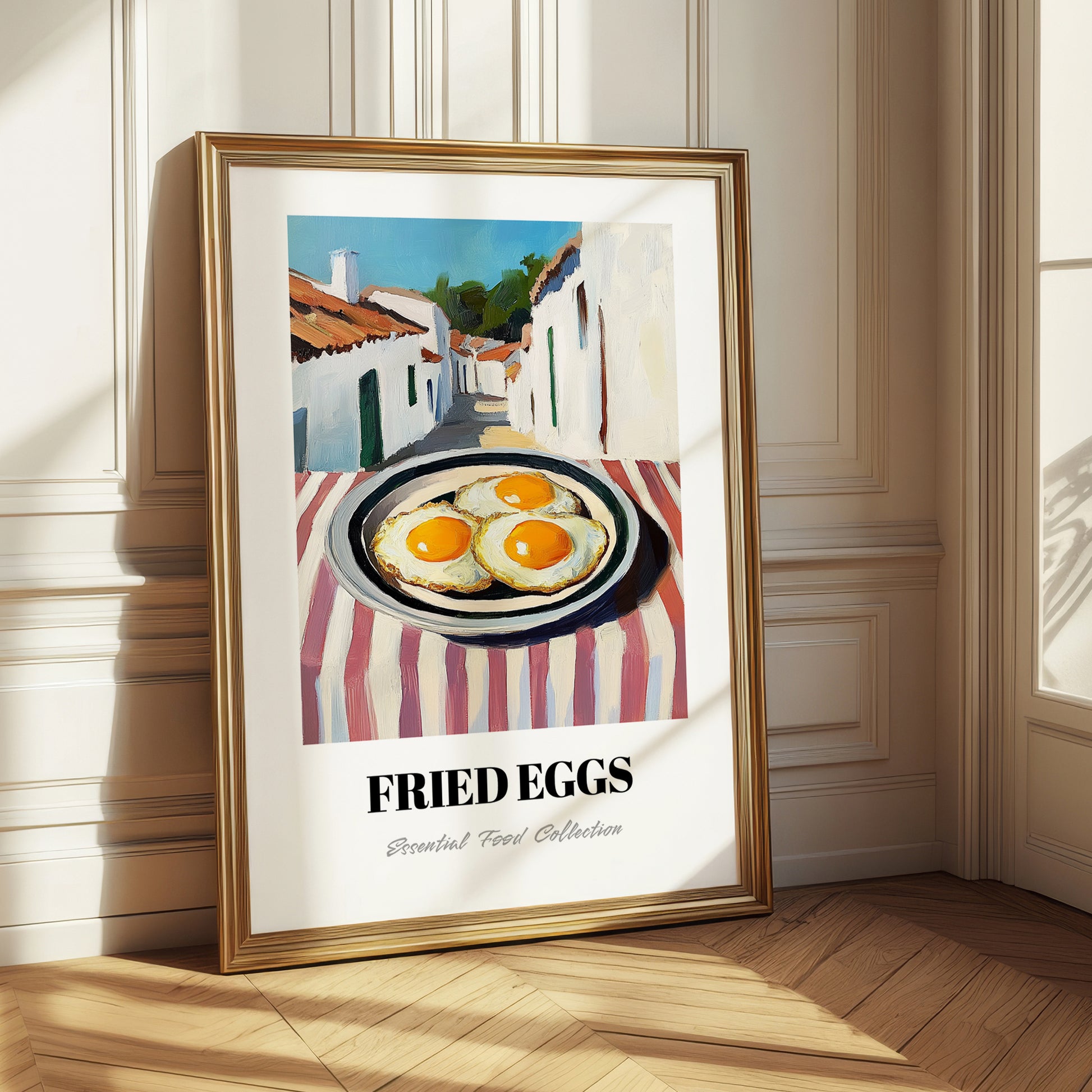 Fried Eggs – White village Urban Café Scene, American Food Poster
