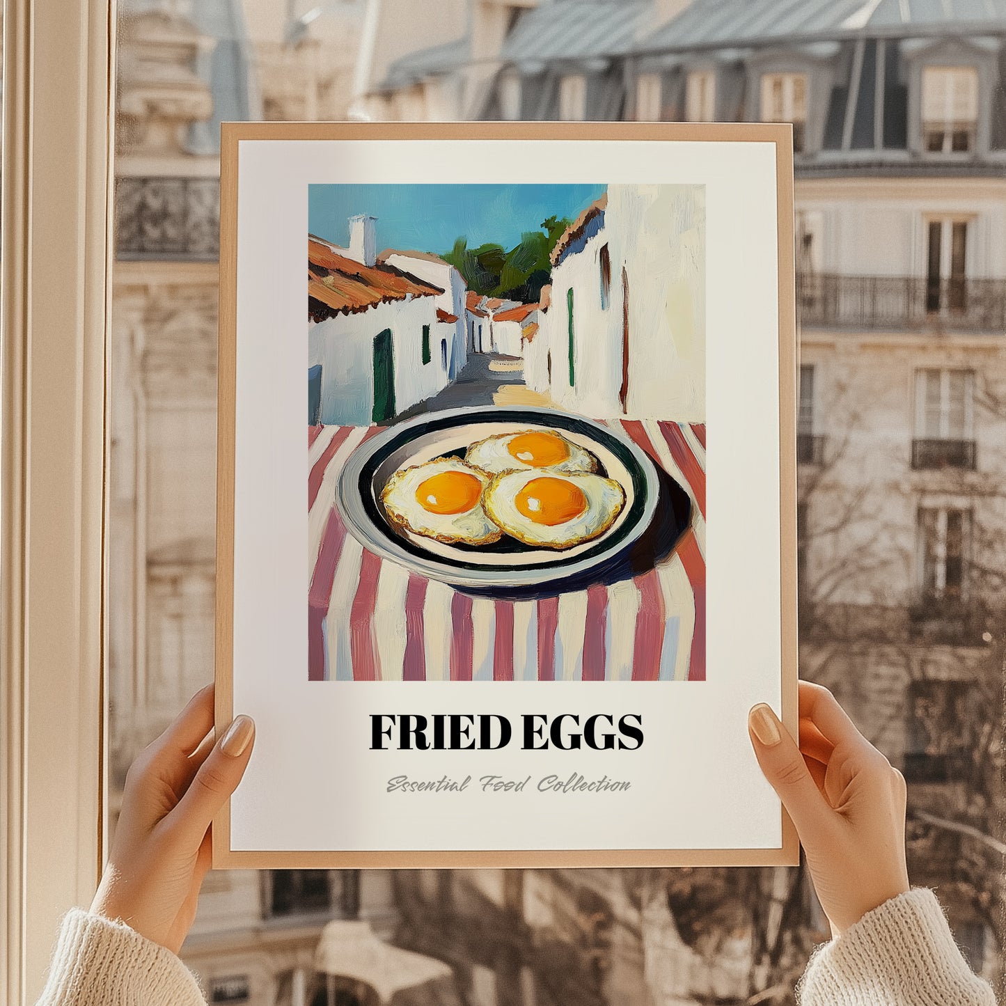 Fried Eggs – White village Urban Café Scene, American Food Poster, styled in a charming Paris street view