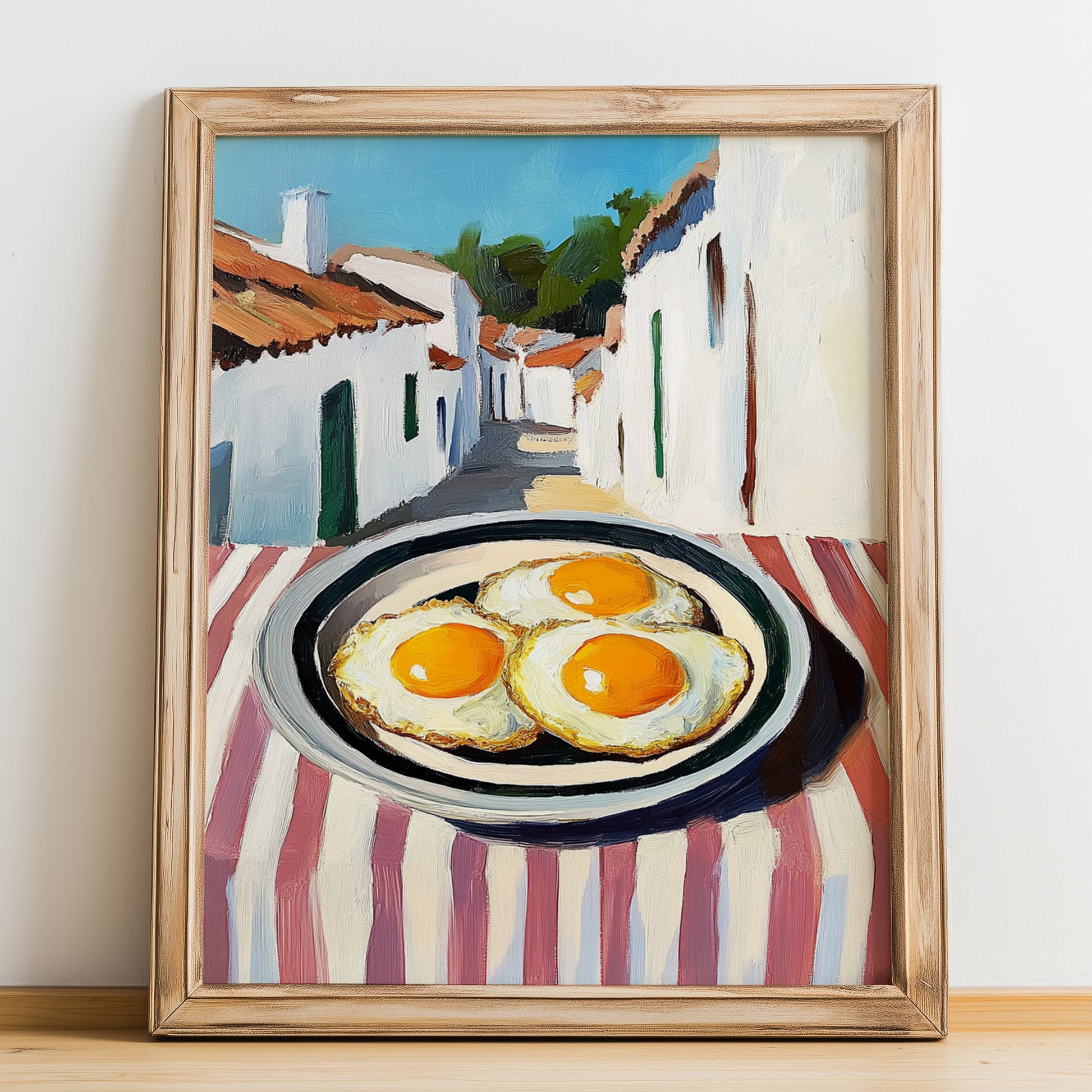 Fried Eggs – White village Urban Café Scene, American Food Poster, no-text version framed in wood