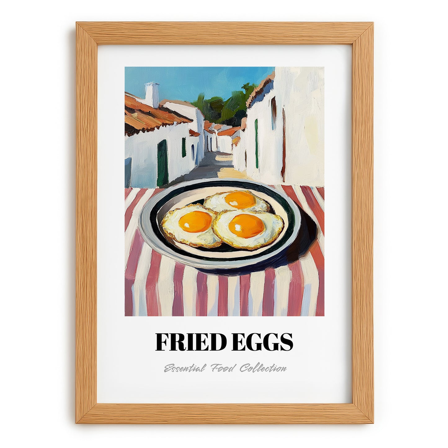 Fried Eggs – White village Urban Café Scene, American Food Poster, set in oak frame