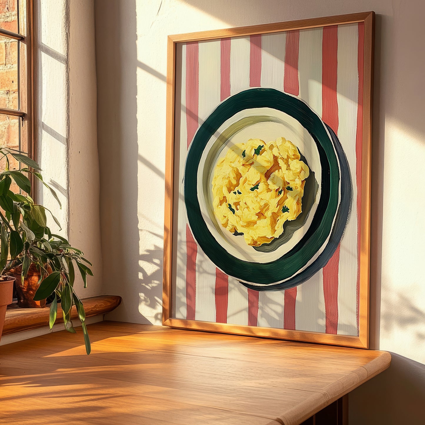 Scrambled Eggs – on Striped Tablecloth, American Food Poster, clean layout with no caption