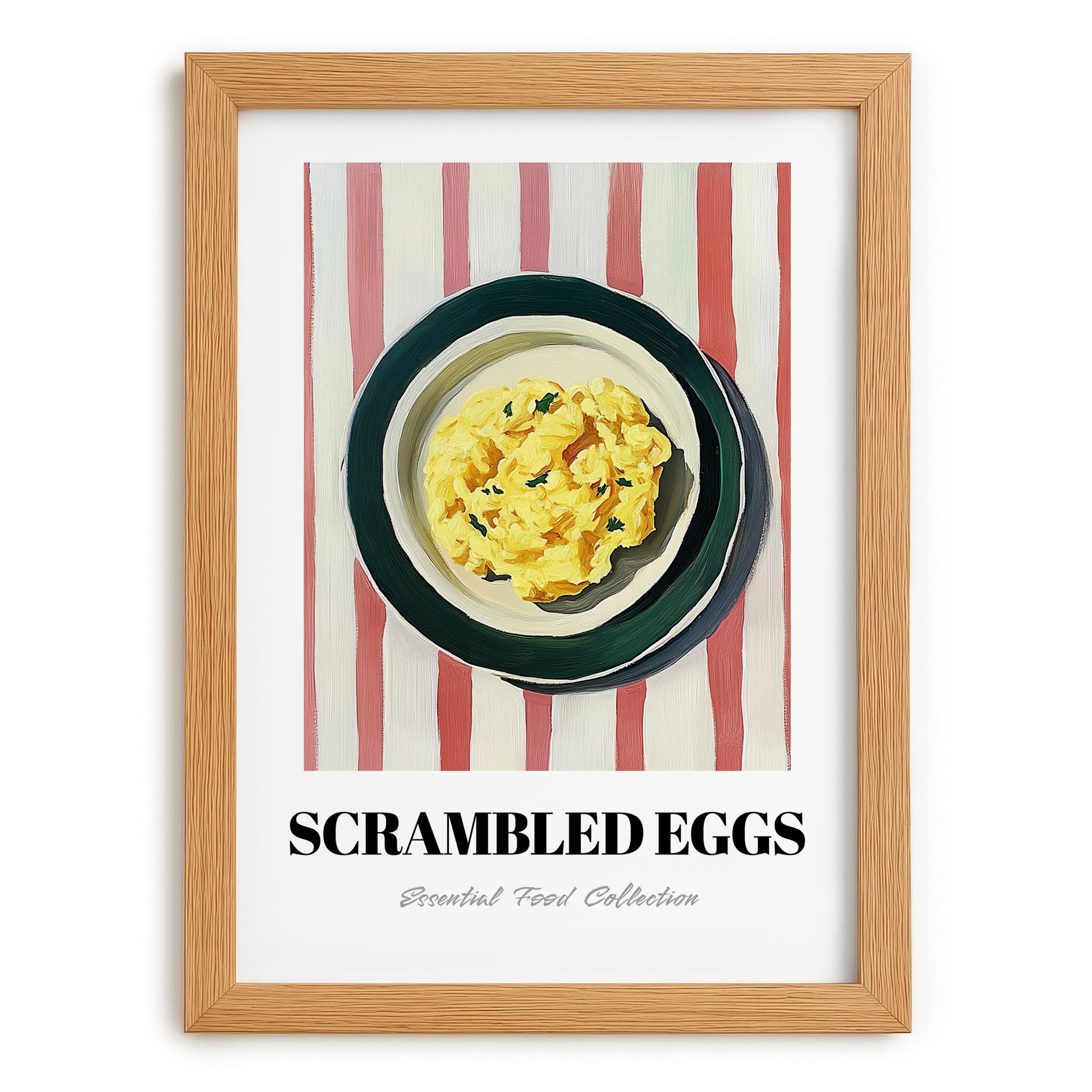 Scrambled Eggs – on Striped Tablecloth, American Food Poster, set in oak frame
