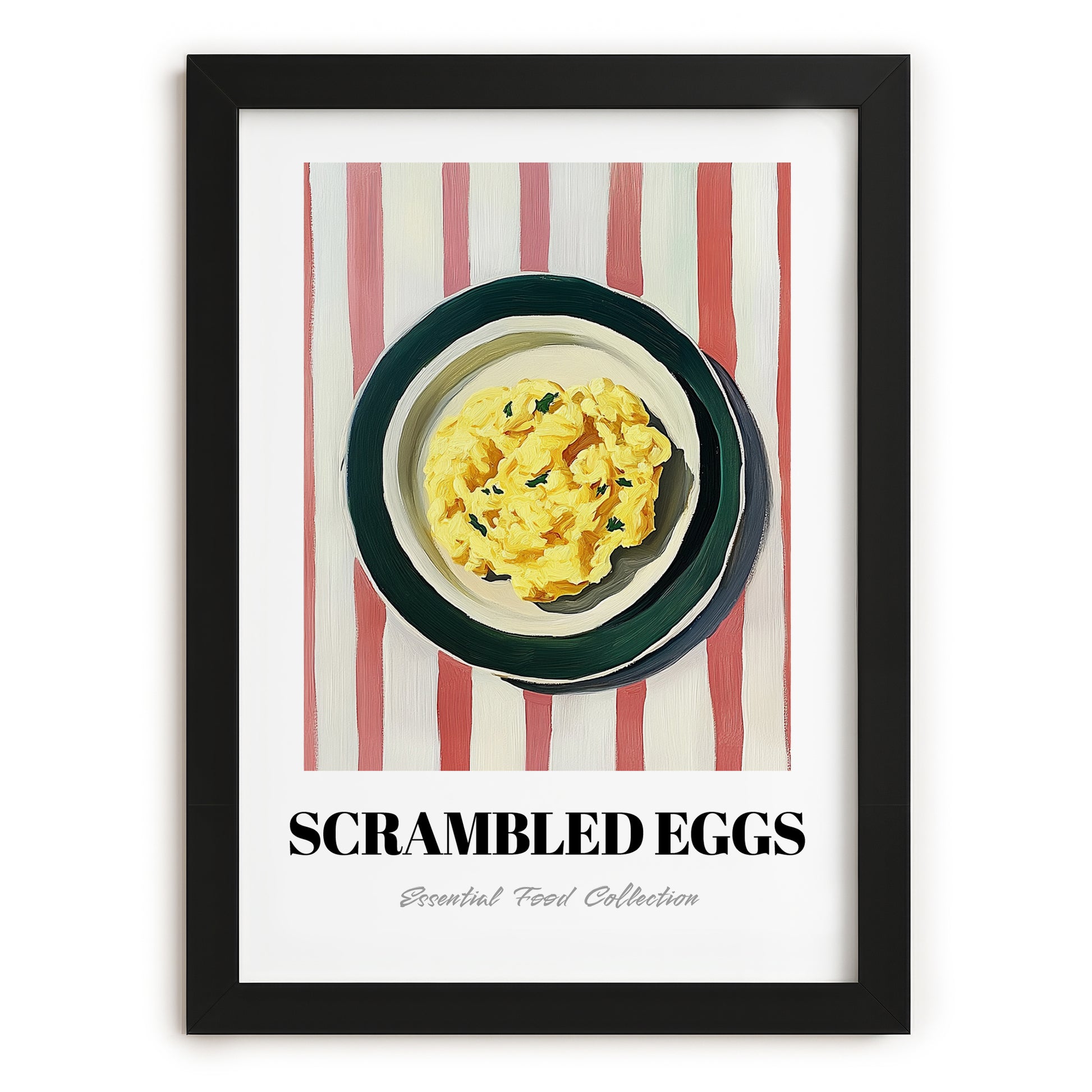 Scrambled Eggs – on Striped Tablecloth, American Food Poster, in sleek black frame