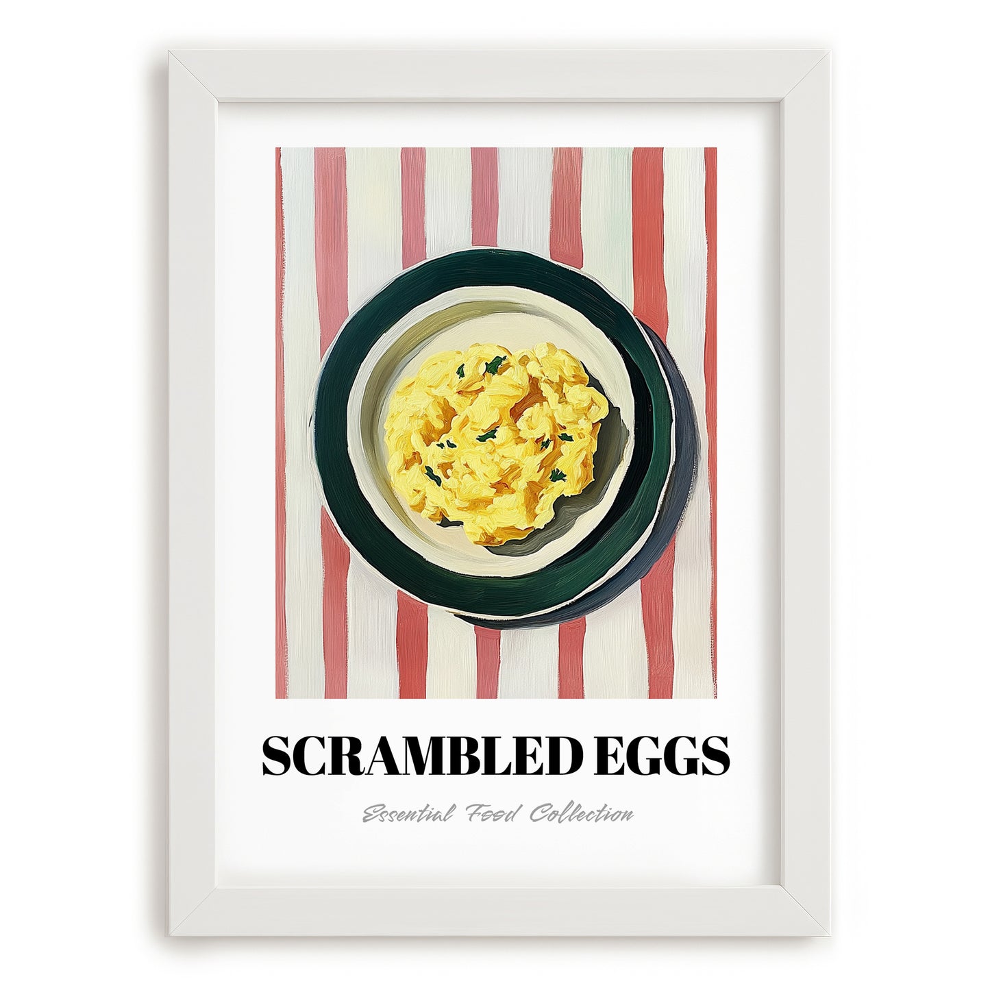 Scrambled Eggs – on Striped Tablecloth, American Food Poster, placed in minimal white frame