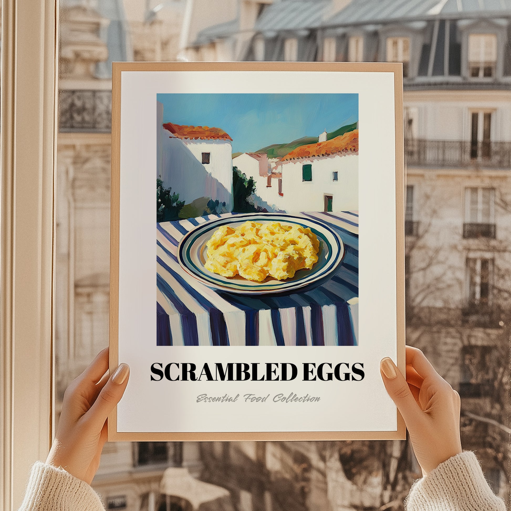 Scrambled Eggs – White village Café on the Corner, American Food Wall Illustration, styled in a charming Paris street view