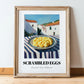 Scrambled Eggs – White village Café on the Corner, American Food Wall Illustration, in wooden frame leaning on the floor