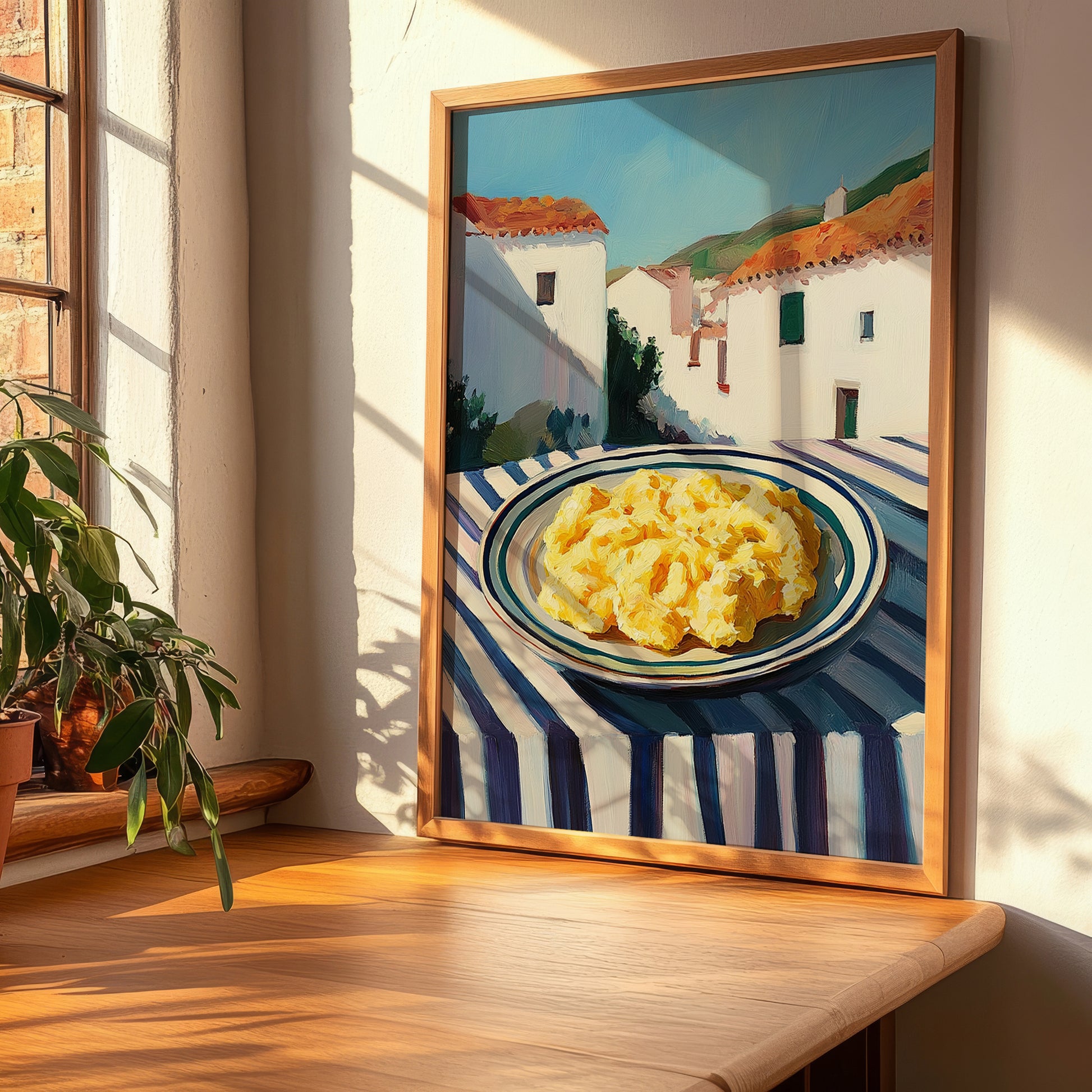 Scrambled Eggs – White village Café on the Corner, American Food Wall Illustration, clean layout with no caption