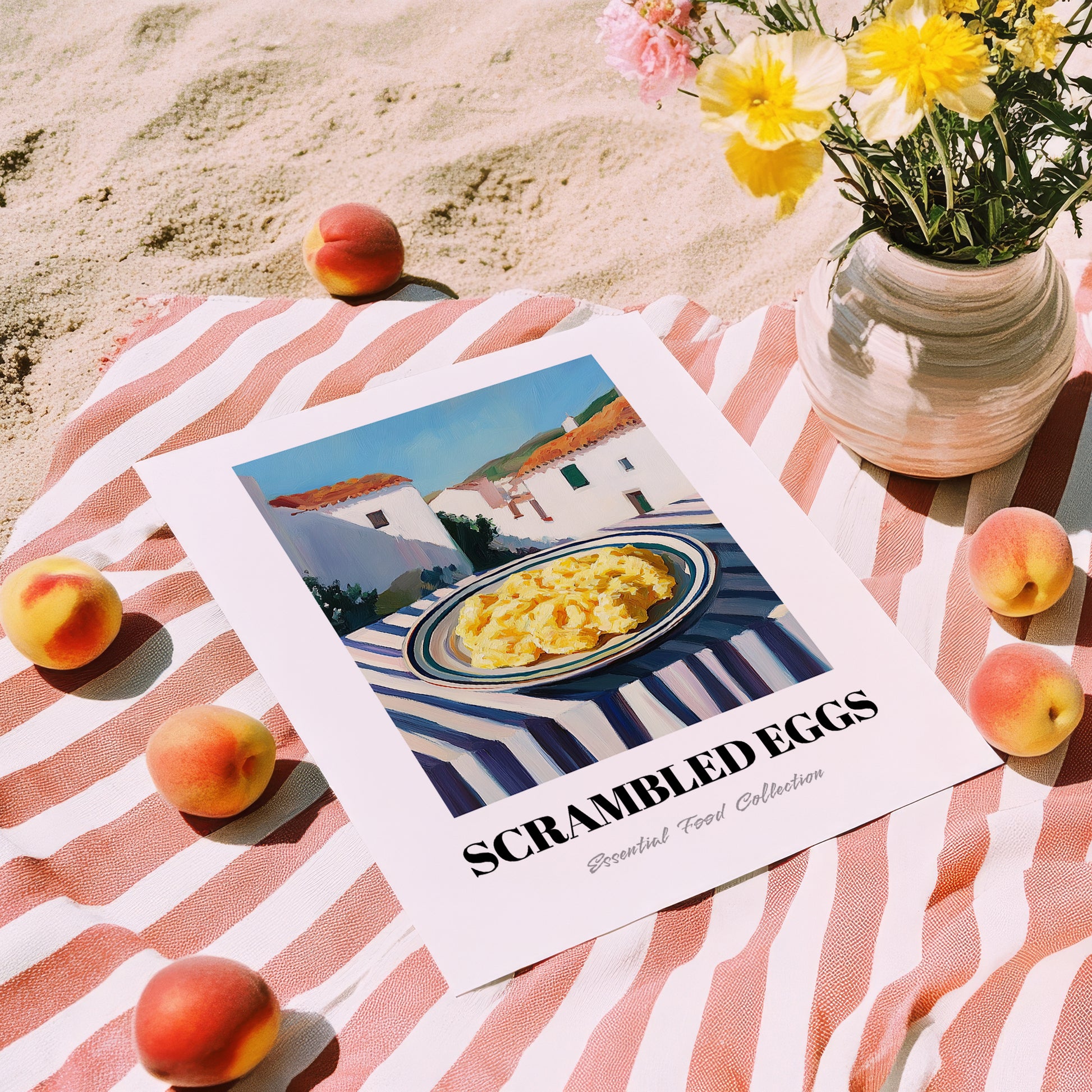 Scrambled Eggs – White village Café on the Corner, American Food Wall Illustration, unframed on coastal sand