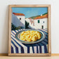 Scrambled Eggs – White village Café on the Corner, American Food Wall Illustration, no-text version framed in wood