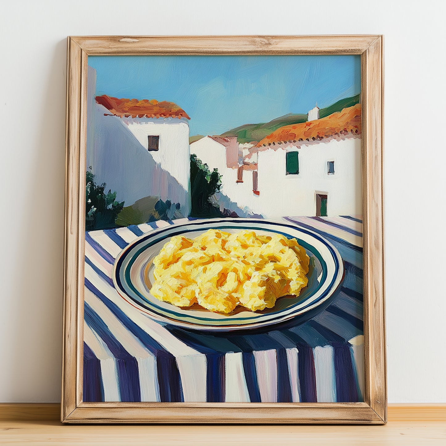 Scrambled Eggs – White village Café on the Corner, American Food Wall Illustration, no-text version framed in wood
