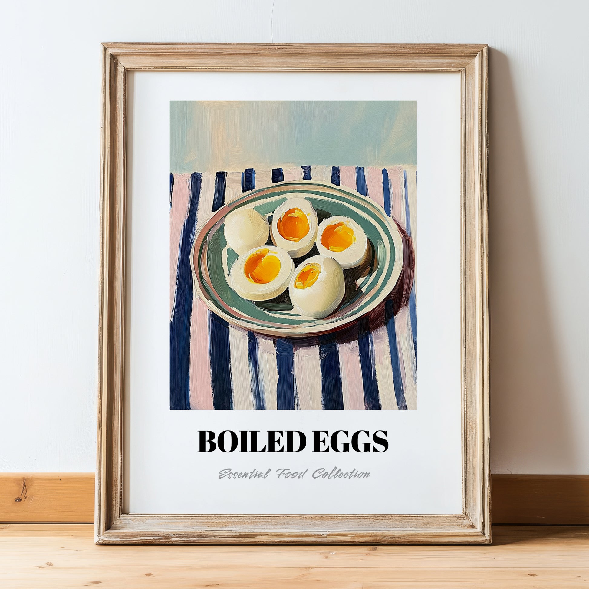 Boiled Eggs – on Striped Tablecloth, American Food Wall Decor, in wooden frame leaning on the floor