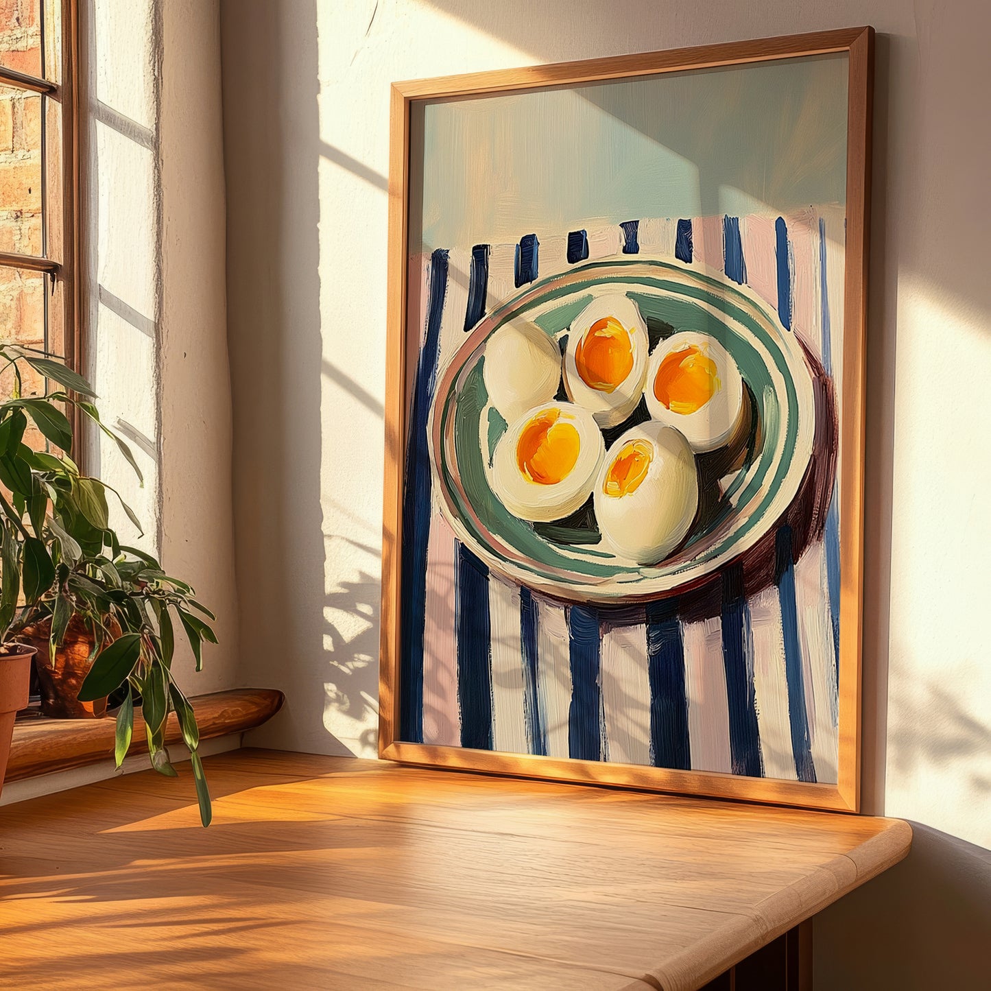 Boiled Eggs – on Striped Tablecloth, American Food Wall Decor, clean layout with no caption