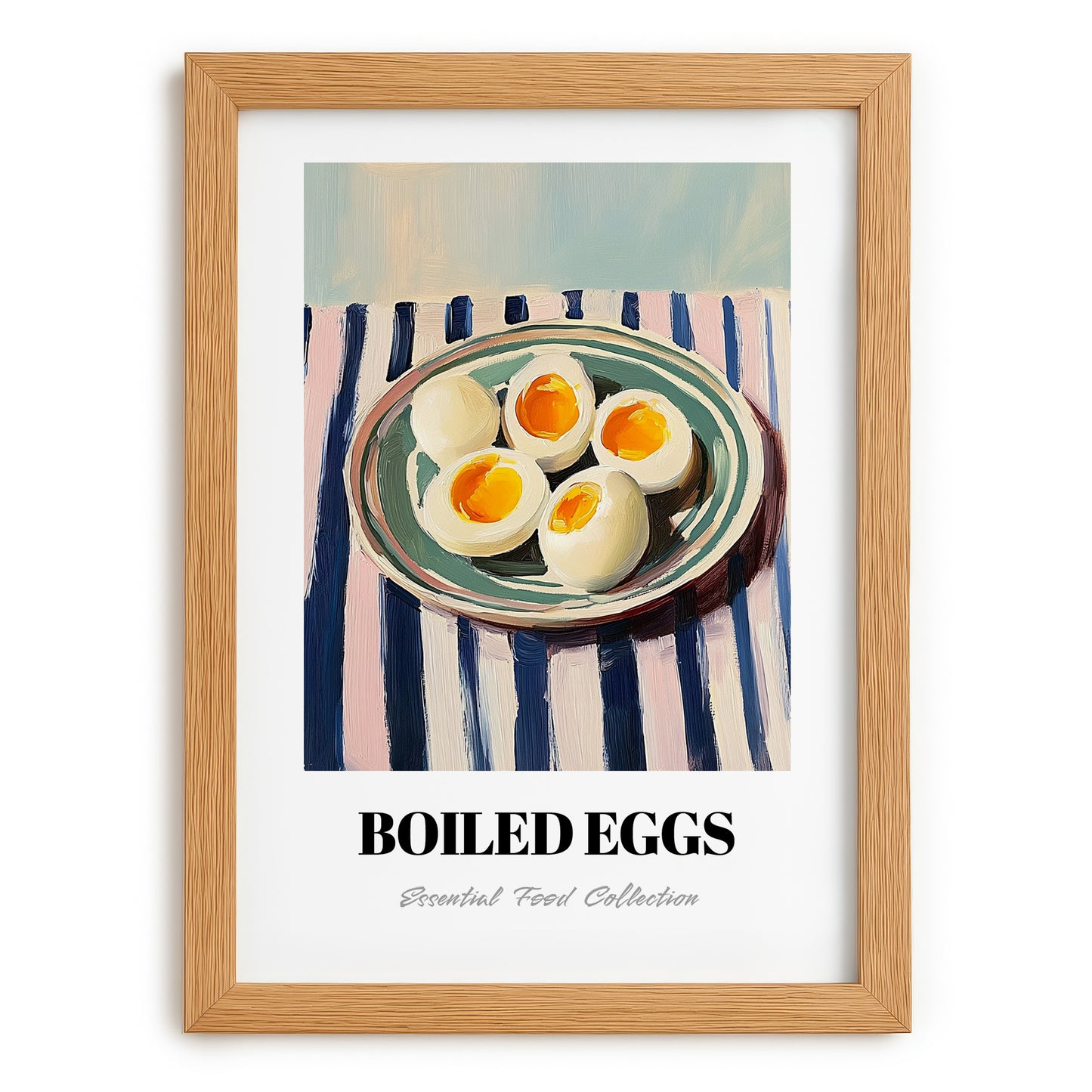 Boiled Eggs – on Striped Tablecloth, American Food Wall Decor, set in oak frame