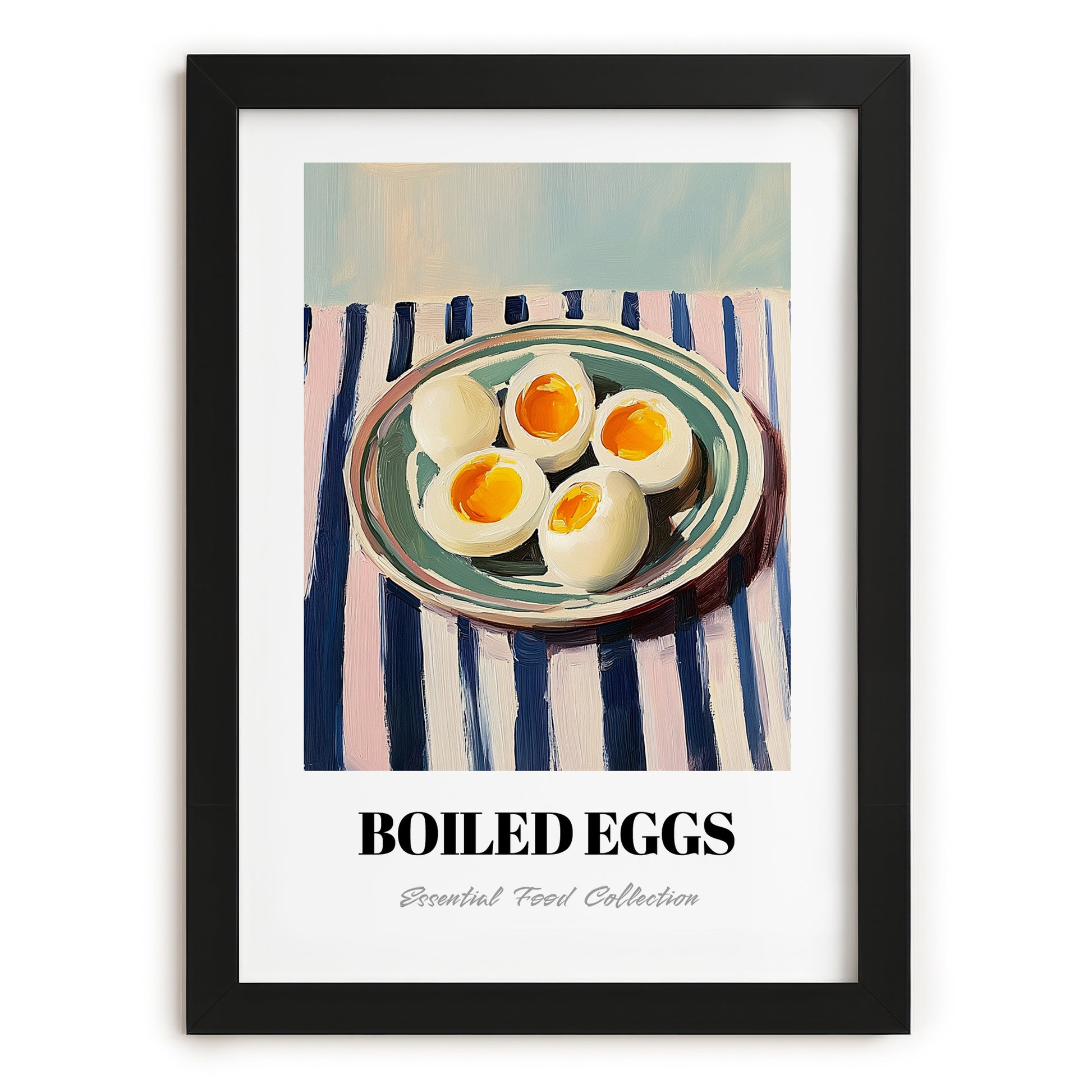 Boiled Eggs – on Striped Tablecloth, American Food Wall Decor, in sleek black frame