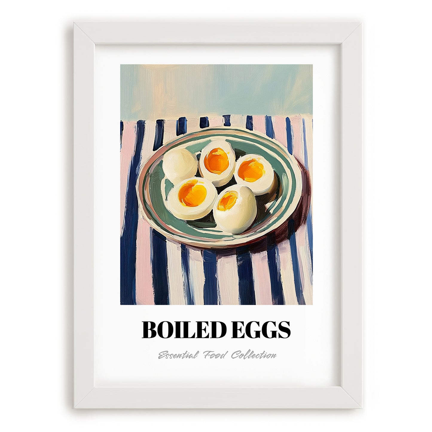 Boiled Eggs – on Striped Tablecloth, American Food Wall Decor, placed in minimal white frame