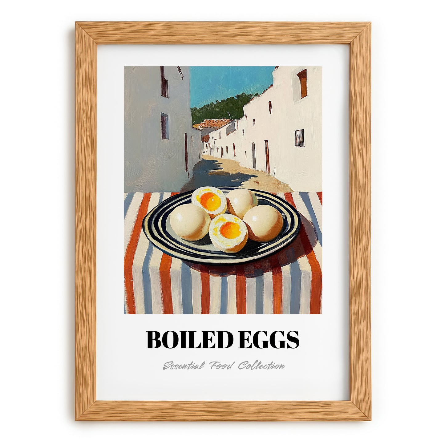 Boiled Eggs – White village Café on the Corner, American Food Wall Print, set in oak frame