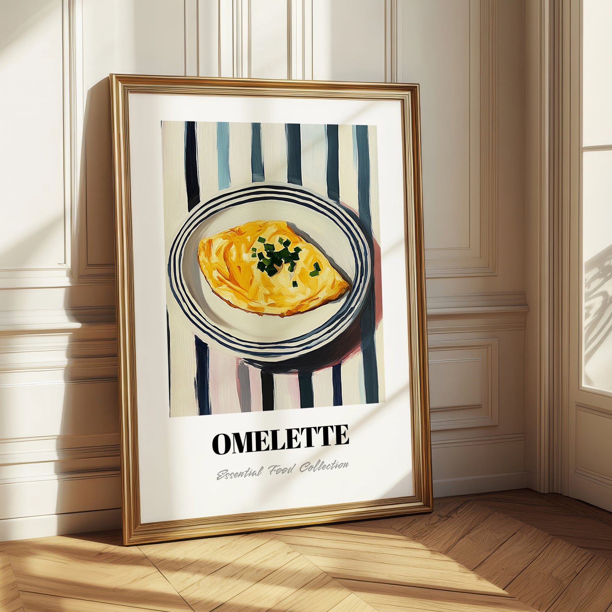 Omelette – on Striped Tablecloth, French Food Poster