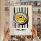 Omelette – on Striped Tablecloth, French Food Poster, styled in a charming Paris street view
