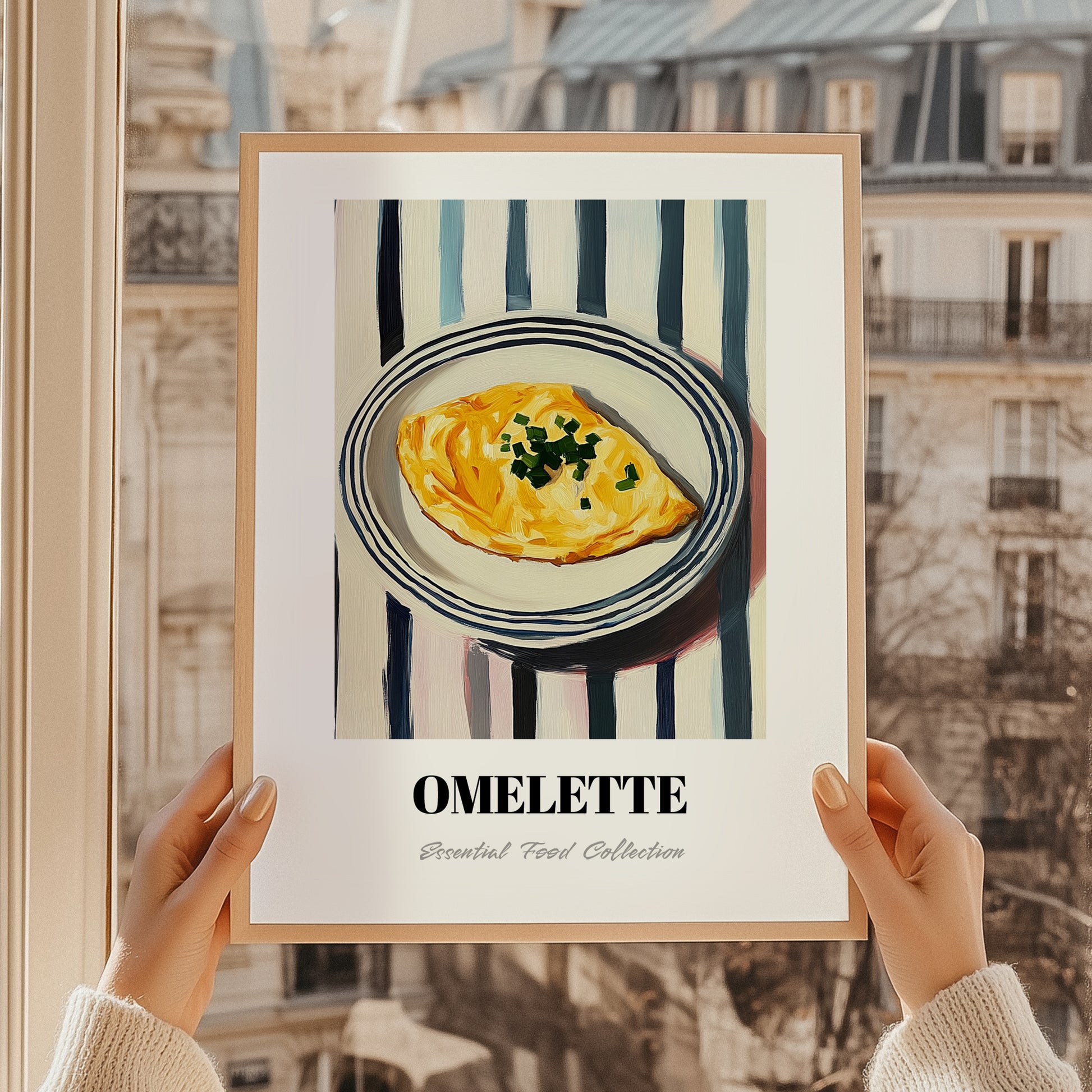 Omelette – on Striped Tablecloth, French Food Poster, styled in a charming Paris street view