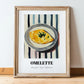 Omelette – on Striped Tablecloth, French Food Poster, in wooden frame leaning on the floor