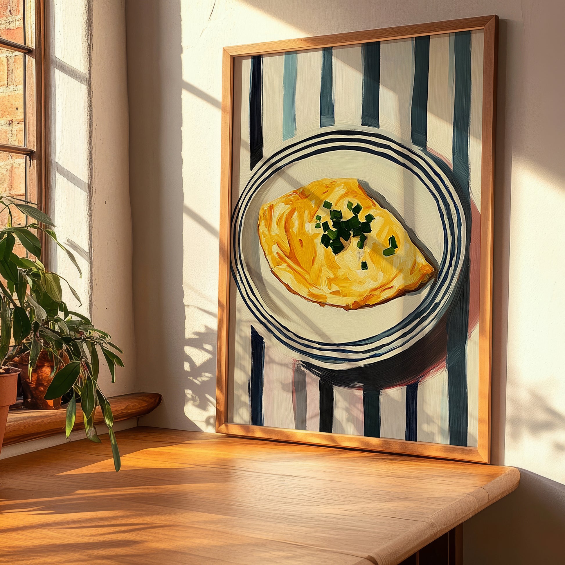 Omelette – on Striped Tablecloth, French Food Poster, clean layout with no caption