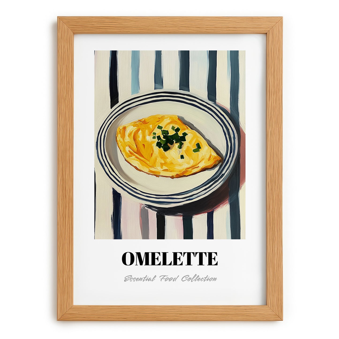 Omelette – on Striped Tablecloth, French Food Poster, set in oak frame