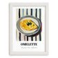 Omelette – on Striped Tablecloth, French Food Poster, placed in minimal white frame