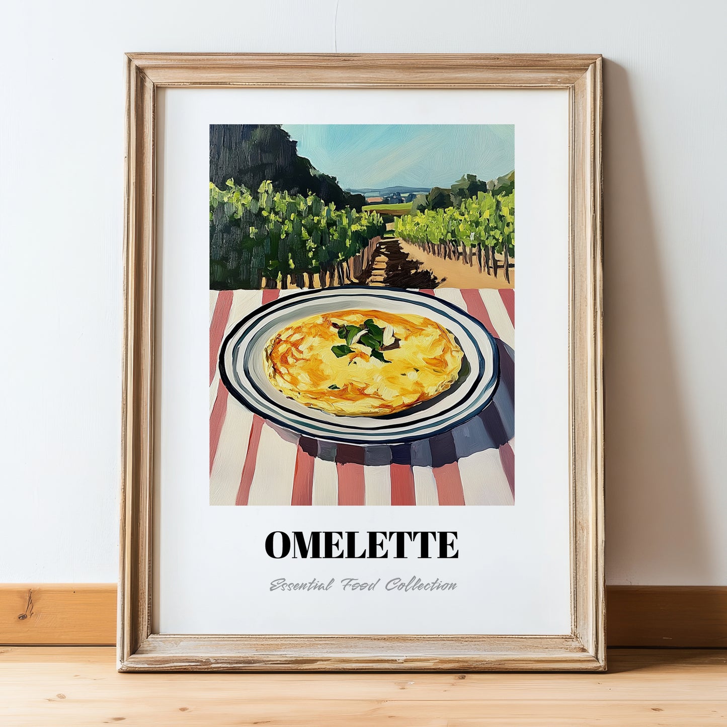 Omelette – Hilltop Café Scene, French Food Painting, in wooden frame leaning on the floor