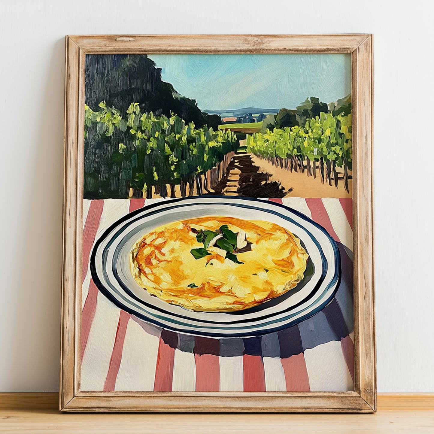 Omelette – Hilltop Café Scene, French Food Painting, no-text version framed in wood
