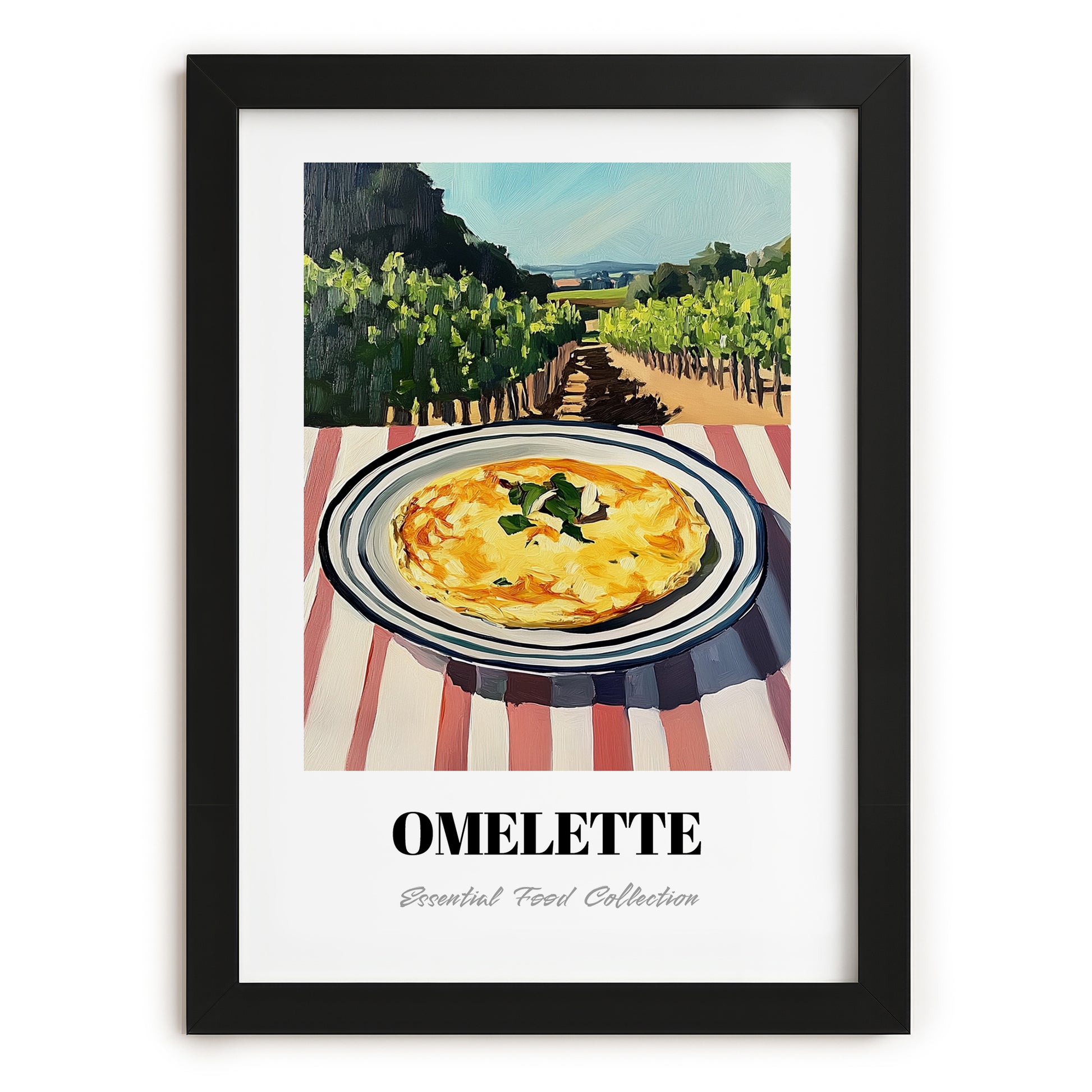 Omelette – Hilltop Café Scene, French Food Painting, in sleek black frame
