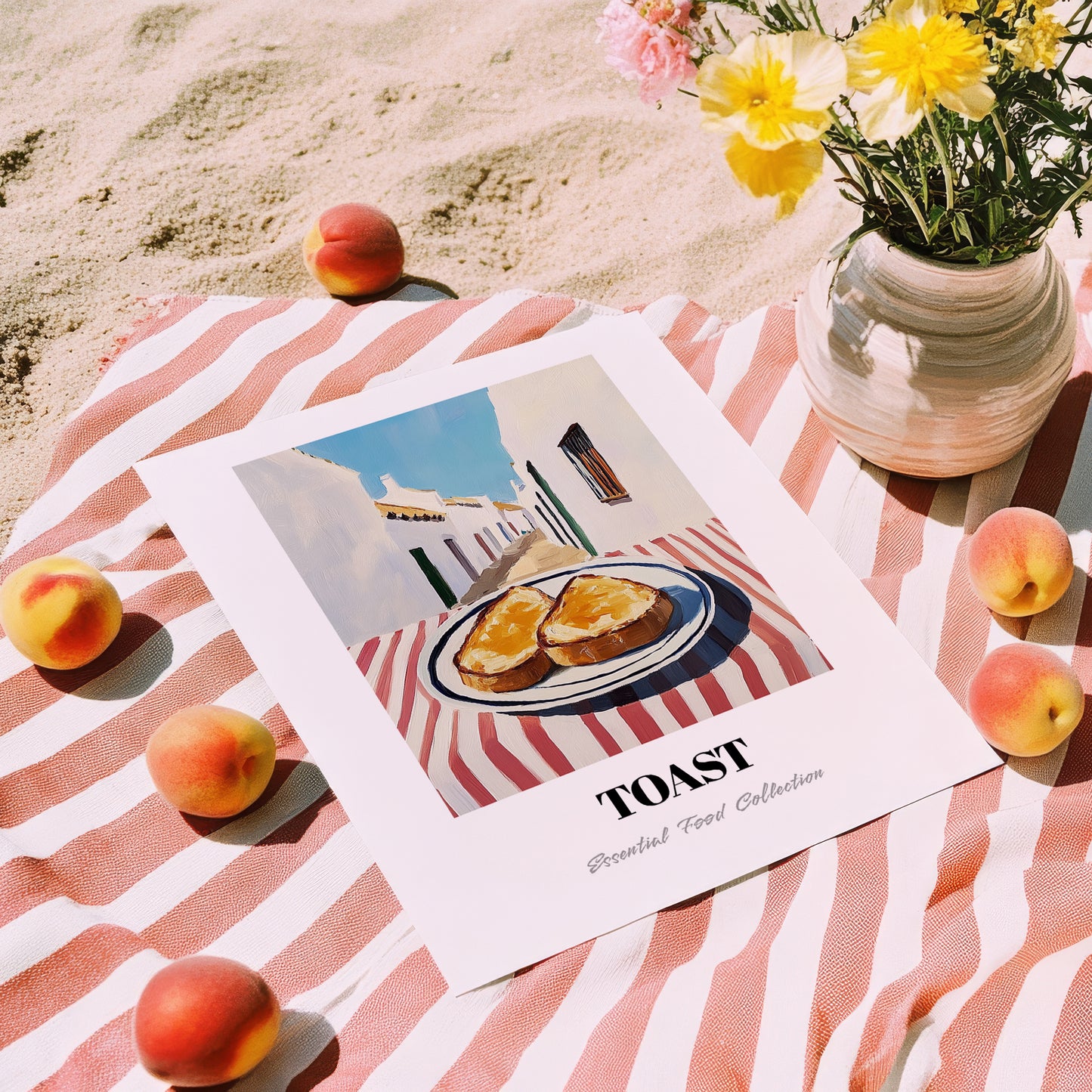 Toast – White village Urban Café Scene, British Food Illustration, unframed on coastal sand